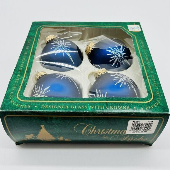 VTG Christmas by Krebs Blue Star Snowflake Glitter Mercury Glass Ornaments 4pc - Picture 2 of 6